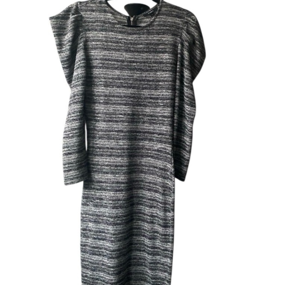 Striped Gray Long Sleeve Midi Dress with Puff Shoulder